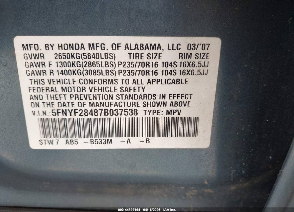 2007 HONDA PILOT EX VIN: 5FNYF28487B037538
