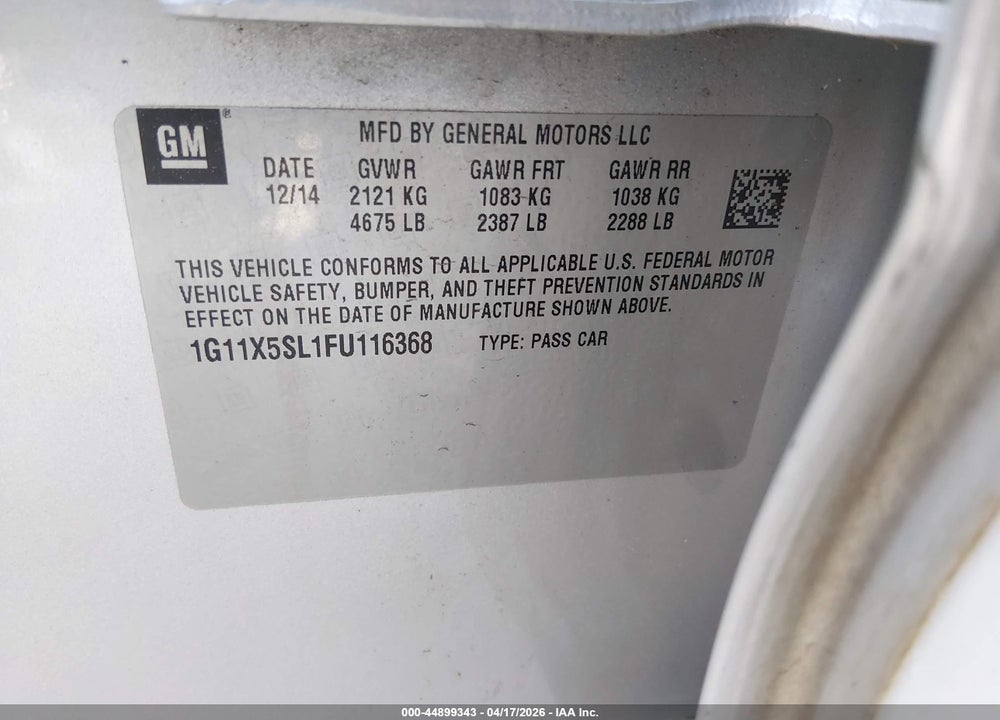 2015 CHEVROLET IMPALA 1FL VIN: 1G11X5SL1FU116368