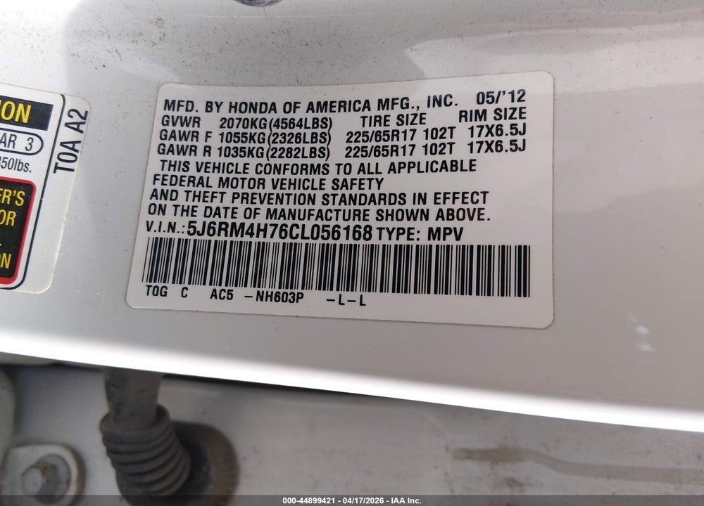2012 HONDA CR-V EX-L VIN: 5J6RM4H76CL056168