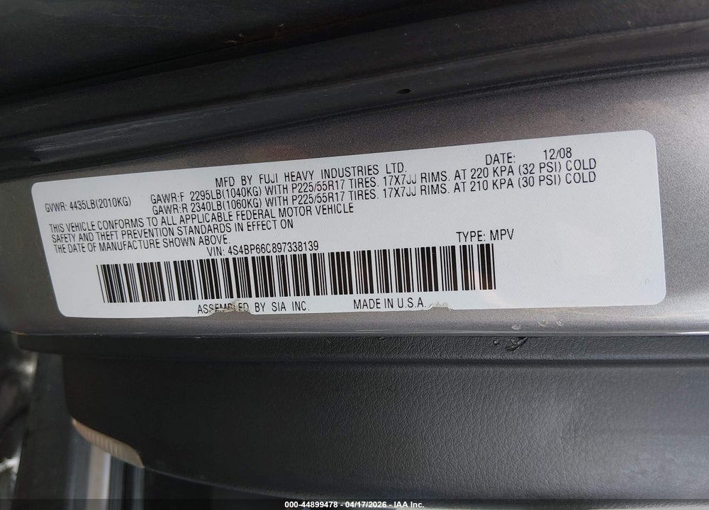 2009 SUBARU OUTBACK 2.5I LIMITED VIN: 4S4BP66C897338139