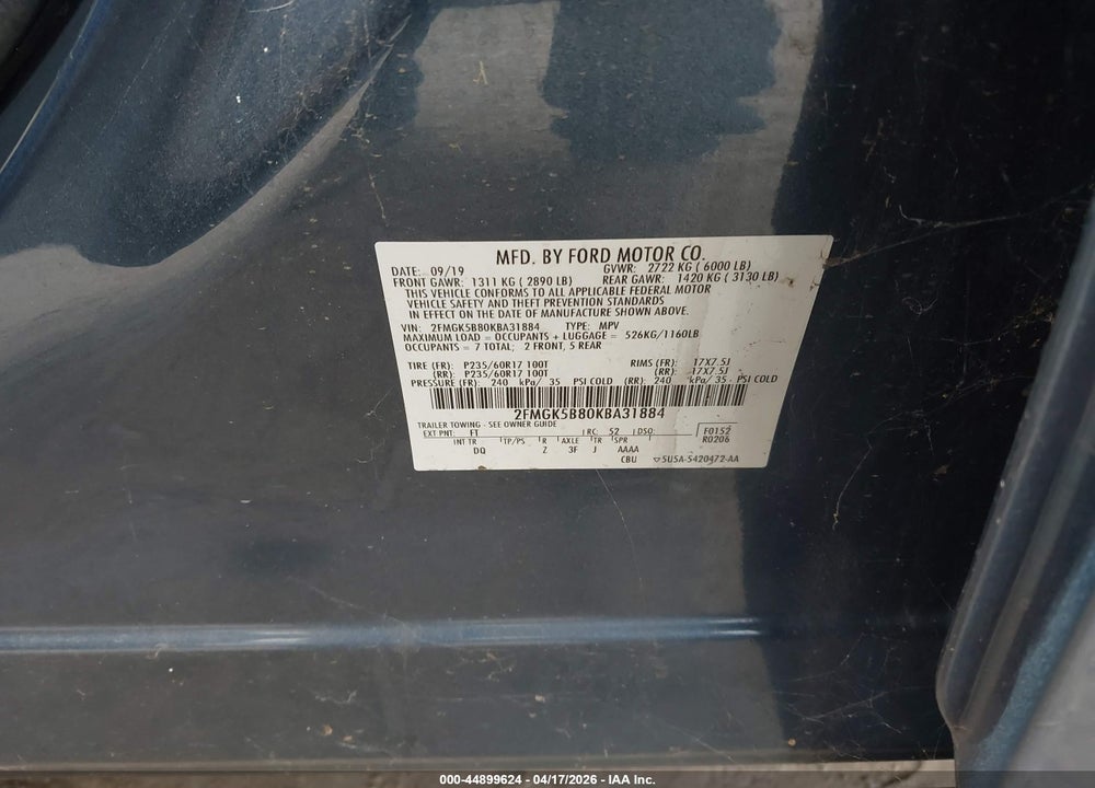 2019 FORD FLEX SE VIN: 2FMGK5B80KBA31884