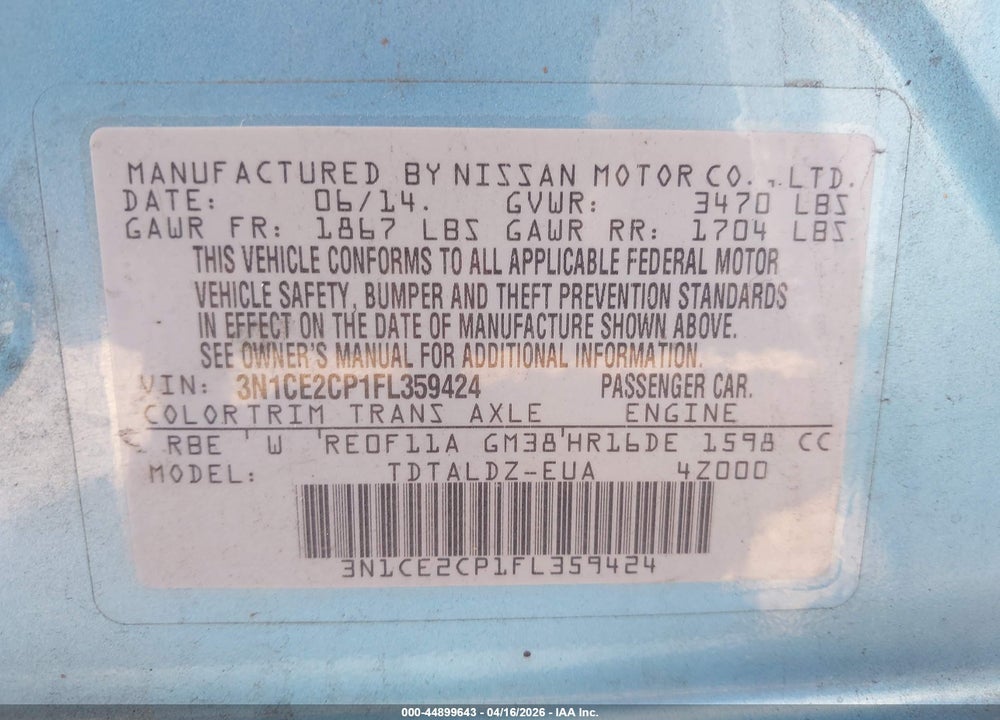 2015 NISSAN VERSA NOTE SV VIN: 3N1CE2CP1FL359424