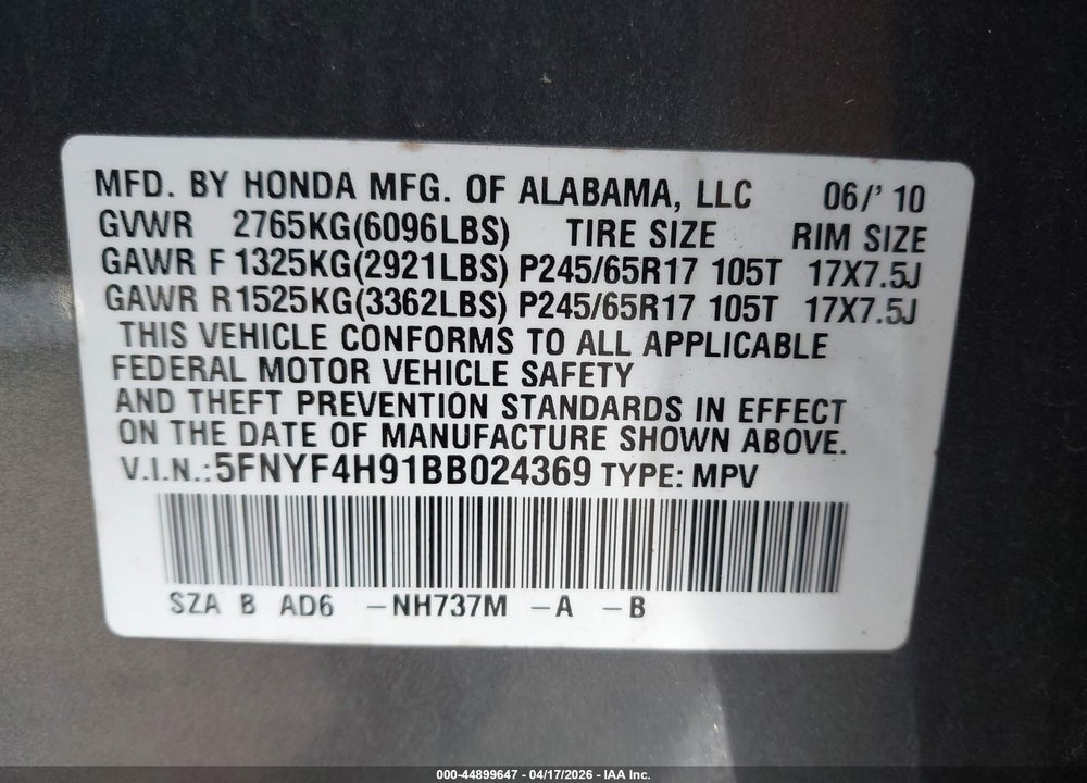 2011 HONDA PILOT TOURING VIN: 5FNYF4H91BB024369