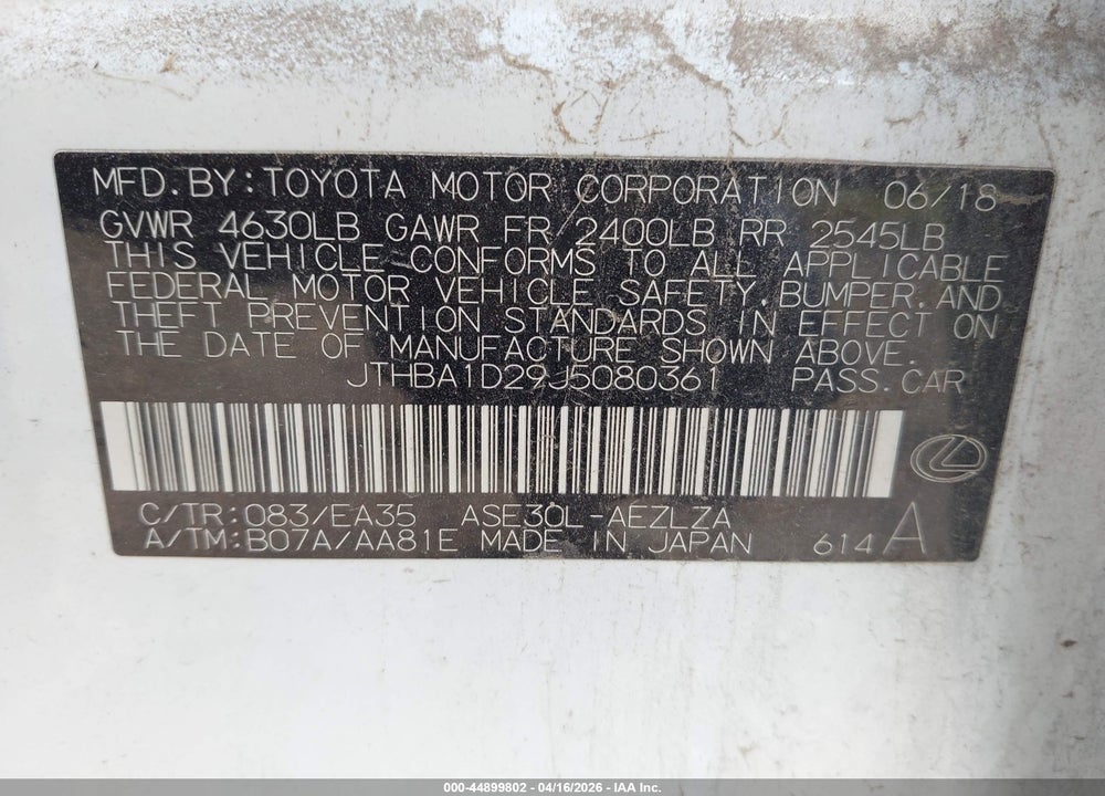 2018 LEXUS IS 300 VIN: JTHBA1D29J5080361