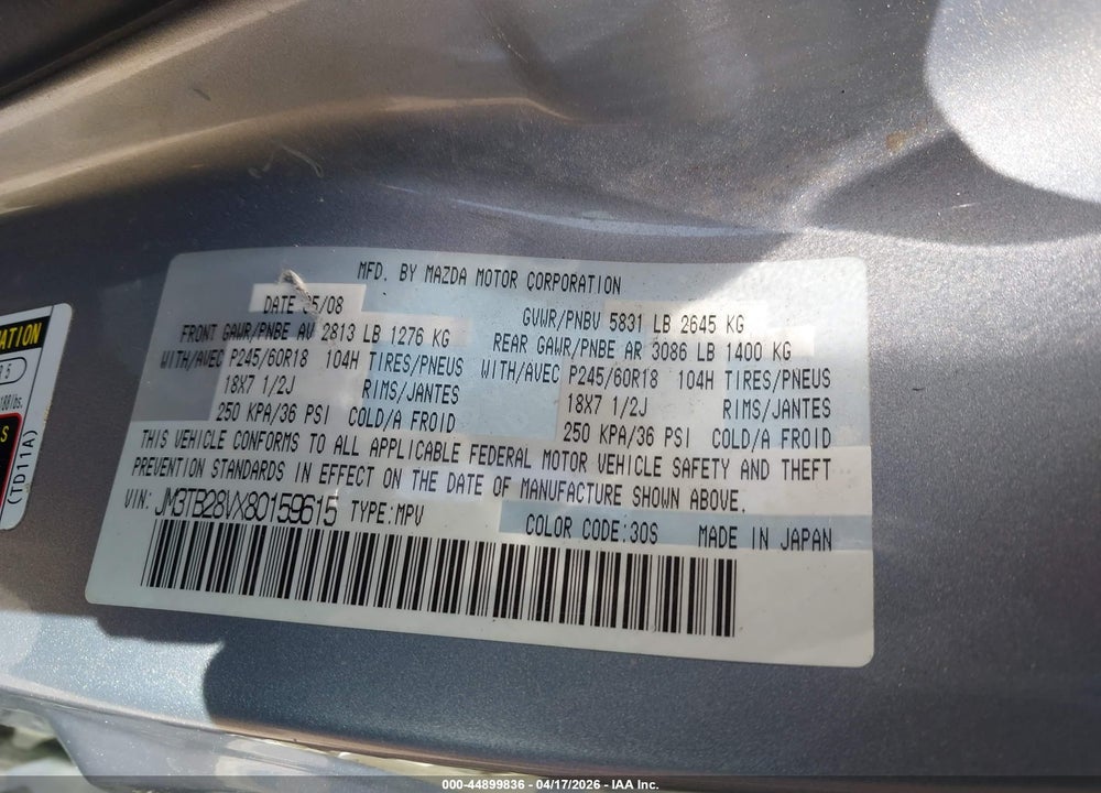 2008 MAZDA CX-9 TOURING VIN: JM3TB28VX80159615