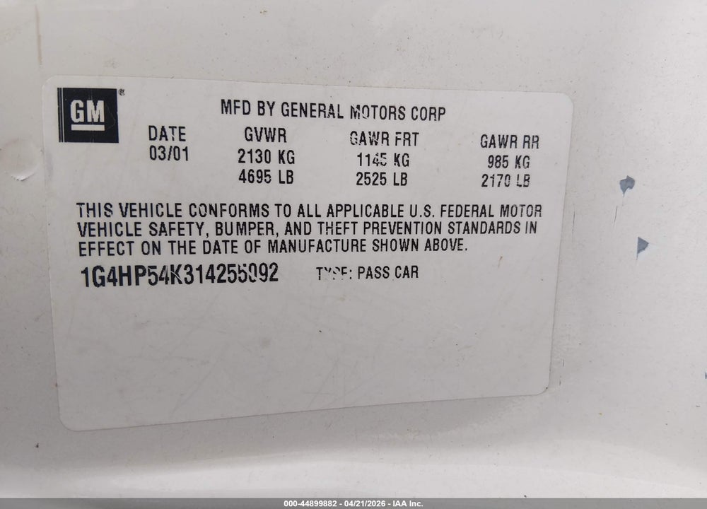 2001 BUICK LESABRE CUSTOM VIN: 1G4HP54K314255092