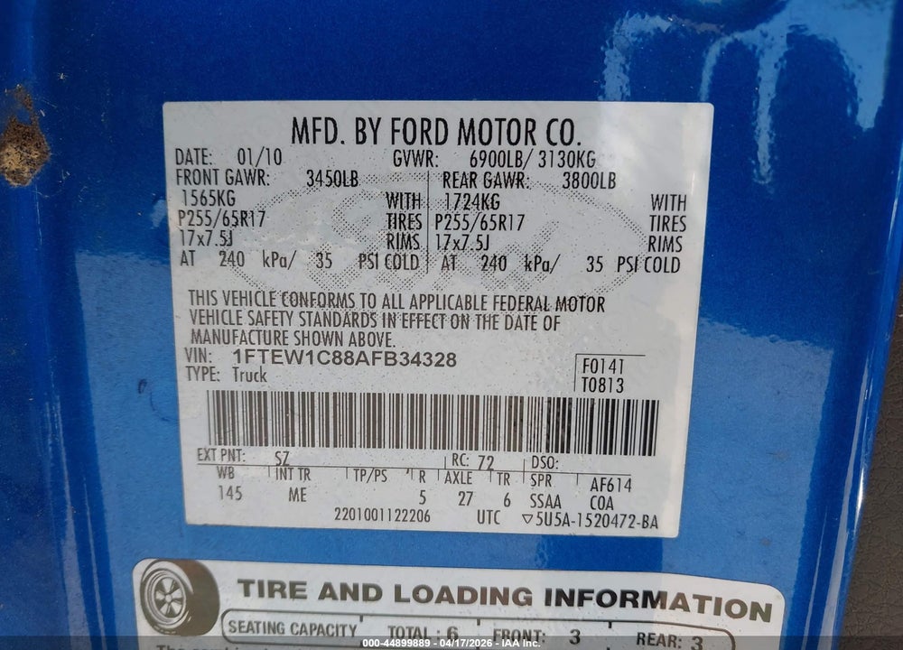 2010 FORD F-150 XLT VIN: 1FTEW1C88AFB34328