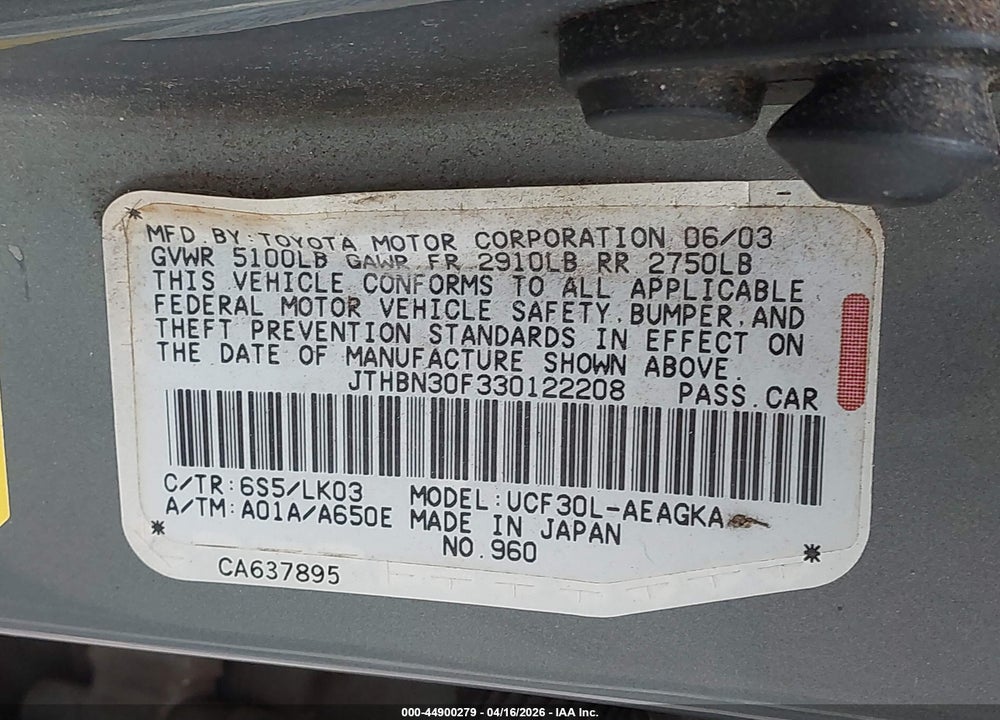2003 LEXUS LS 430 VIN: JTHBN30F330122208