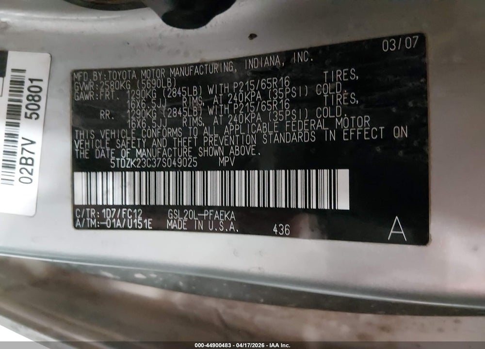 2007 TOYOTA SIENNA LE VIN: 5TDZK23C37S049025