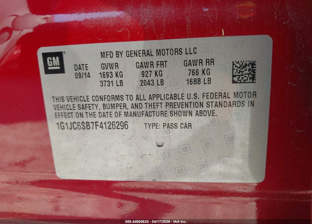 2015 CHEVROLET SONIC LT AUTO VIN: 1G1JC6SB7F4126296