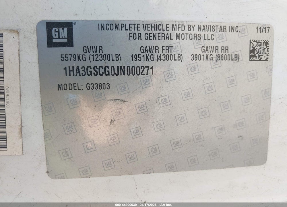 2018 CHEVROLET EXPRESS CUTAWAY WORK VAN VIN: 1HA3GSCG0JN000271