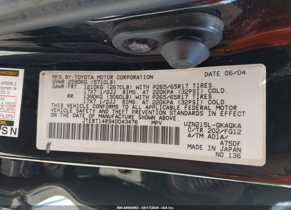 2004 TOYOTA 4RUNNER SR5 V8 VIN: JTEBT14R940043476