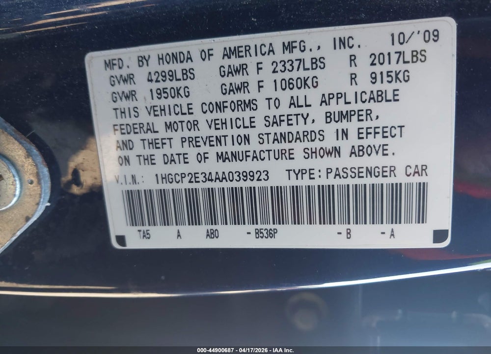 2010 HONDA ACCORD 2.4 LX VIN: 1HGCP2E34AA039923