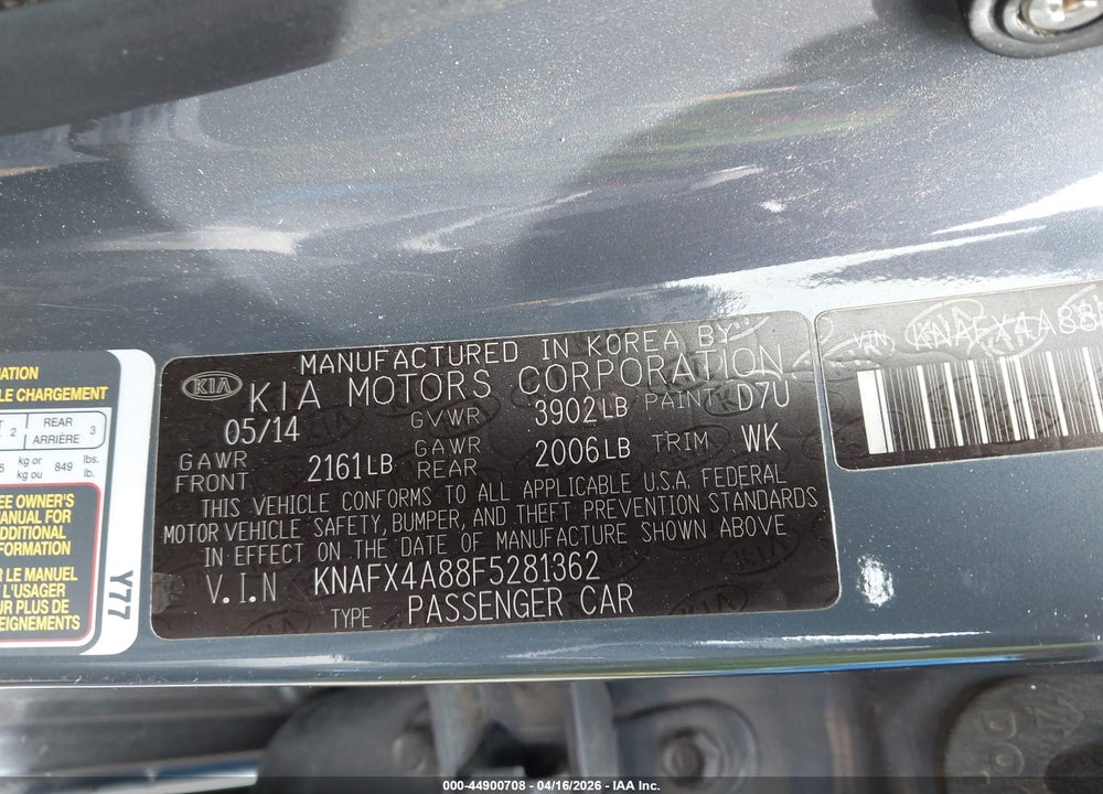2015 KIA FORTE EX VIN: KNAFX4A88F5281362