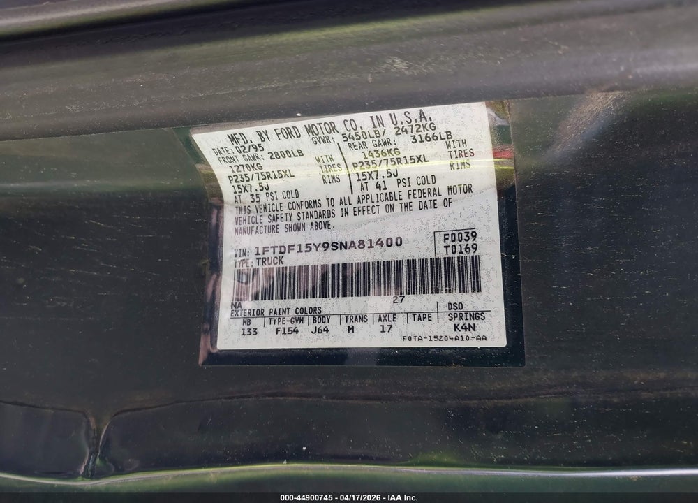 1995 FORD F150 VIN: 1FTDF15Y9SNA81400