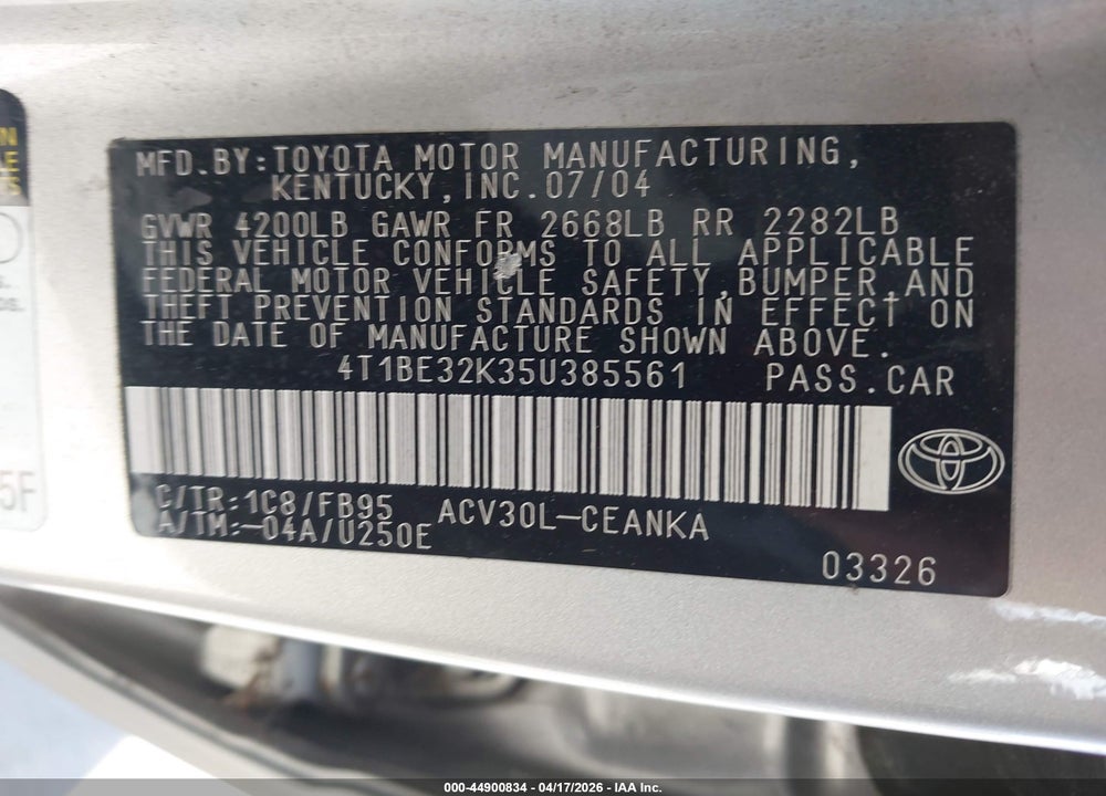 2005 TOYOTA CAMRY LE VIN: 4T1BE32K35U385561