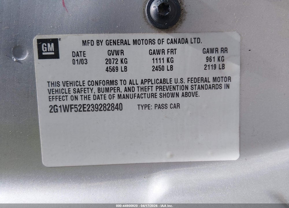 2003 CHEVROLET IMPALA VIN: 2G1WF52E239282840