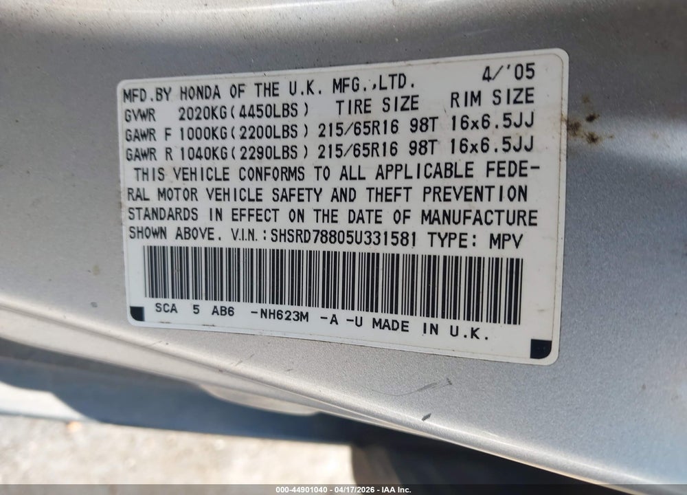 2005 HONDA CR-V EX VIN: SHSRD78805U331581