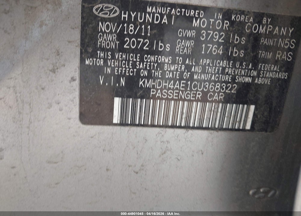 2012 HYUNDAI ELANTRA GLS (ULSAN PLANT) VIN: KMHDH4AE1CU368322