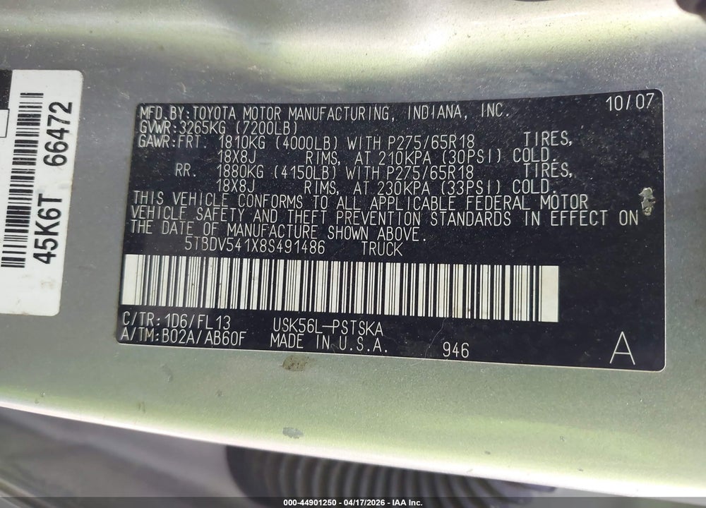 2008 TOYOTA TUNDRA BASE 5.7L V8 VIN: 5TBDV541X8S491486