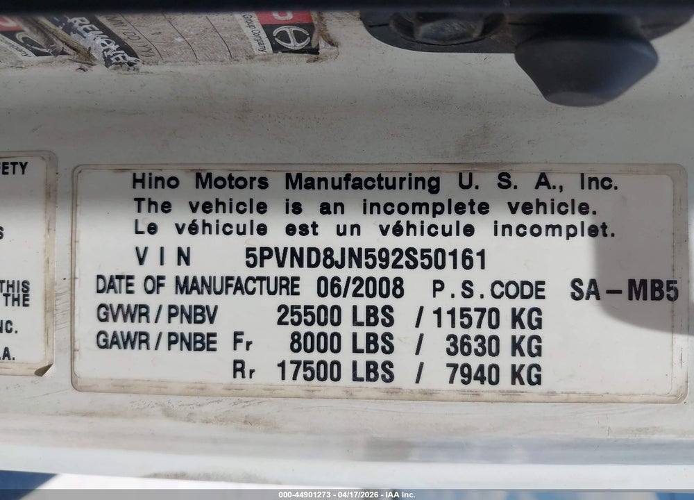 2009 HINO 258 VIN: 5PVND8JN592S50161