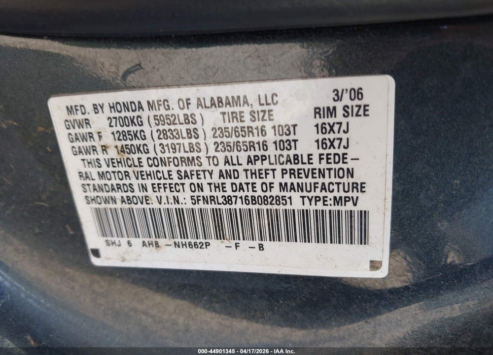 2006 HONDA ODYSSEY EX-L VIN: 5FNRL38716B082851