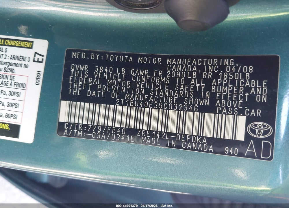 2009 TOYOTA COROLLA LE VIN: 2T1BU40E39C032346