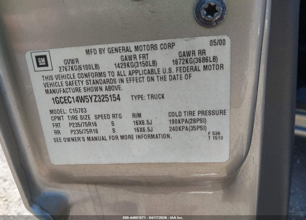 2000 CHEVROLET SILVERADO 1500 VIN: 1GCEC14W5YZ325154