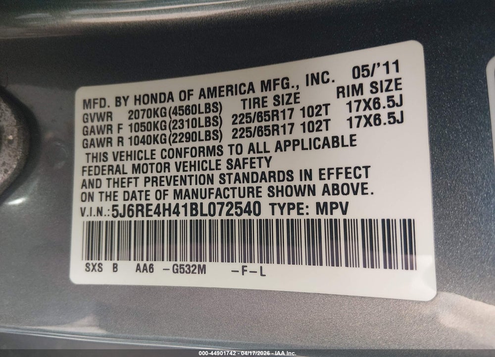 2011 HONDA CR-V SE VIN: 5J6RE4H41BL072540