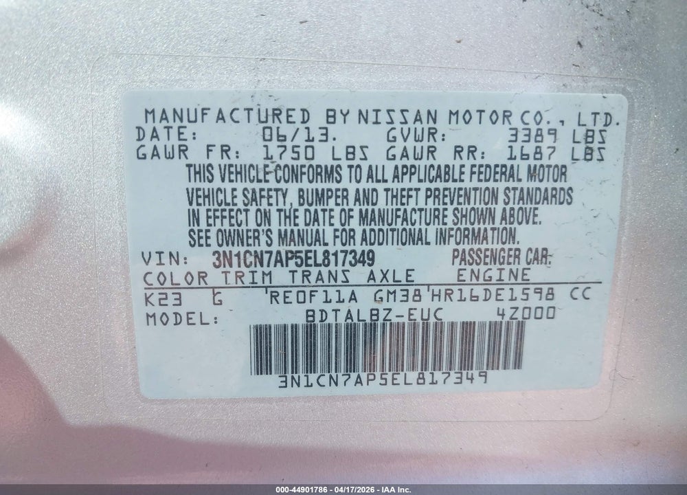 2014 NISSAN VERSA 1.6 SV VIN: 3N1CN7AP5EL817349