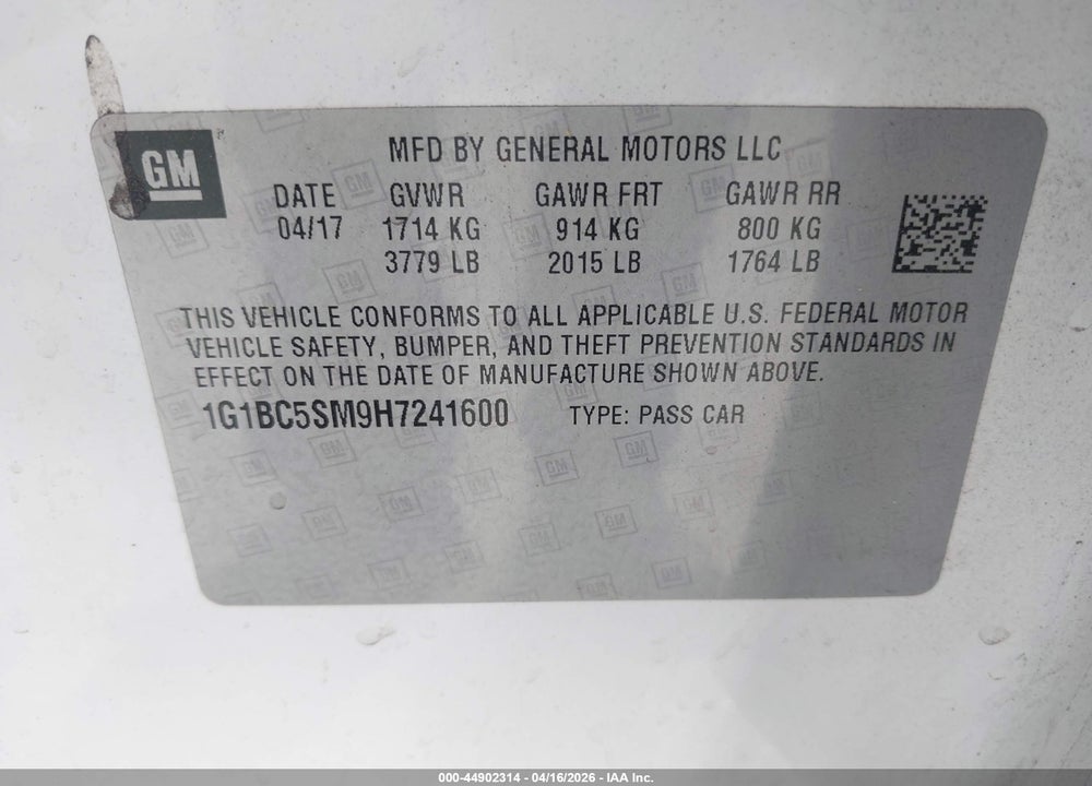 2017 CHEVROLET CRUZE LS AUTO VIN: 1G1BC5SM9H7241600