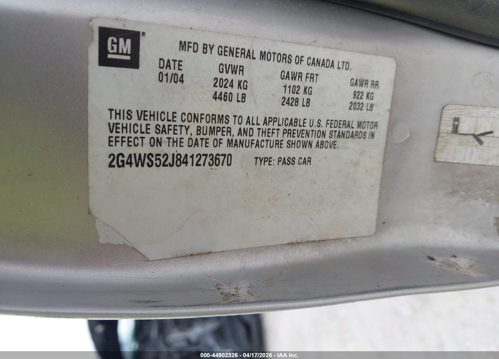 2004 BUICK CENTURY VIN: 2G4WS52J841273670