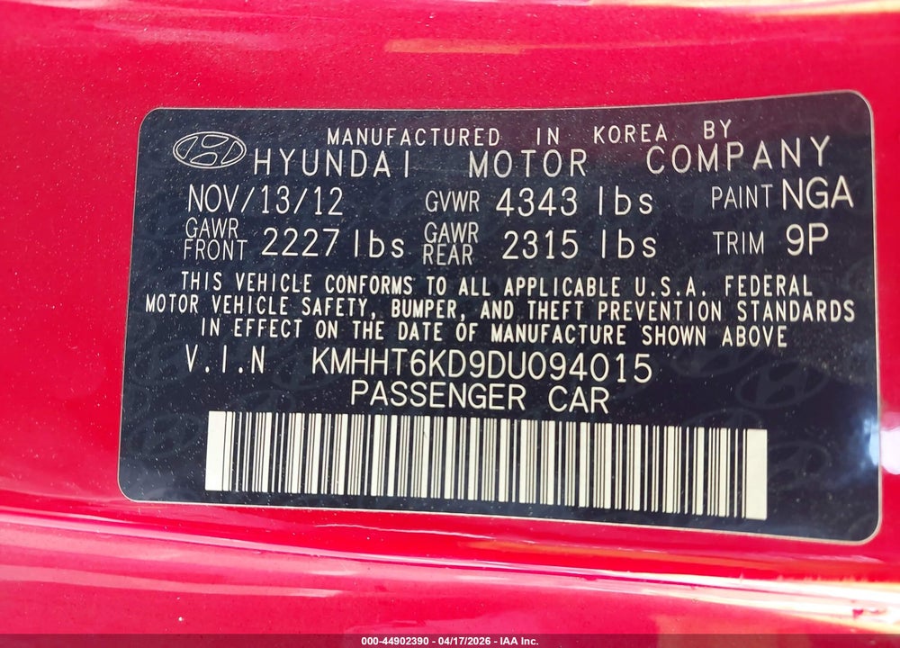2013 HYUNDAI GENESIS 2.0T VIN: KMHHT6KD9DU094015