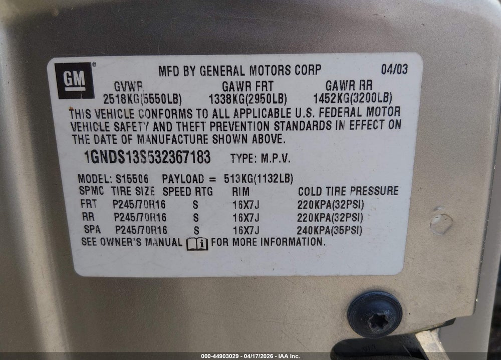 2003 CHEVROLET TRAILBLAZER LS VIN: 1GNDS13S532367183