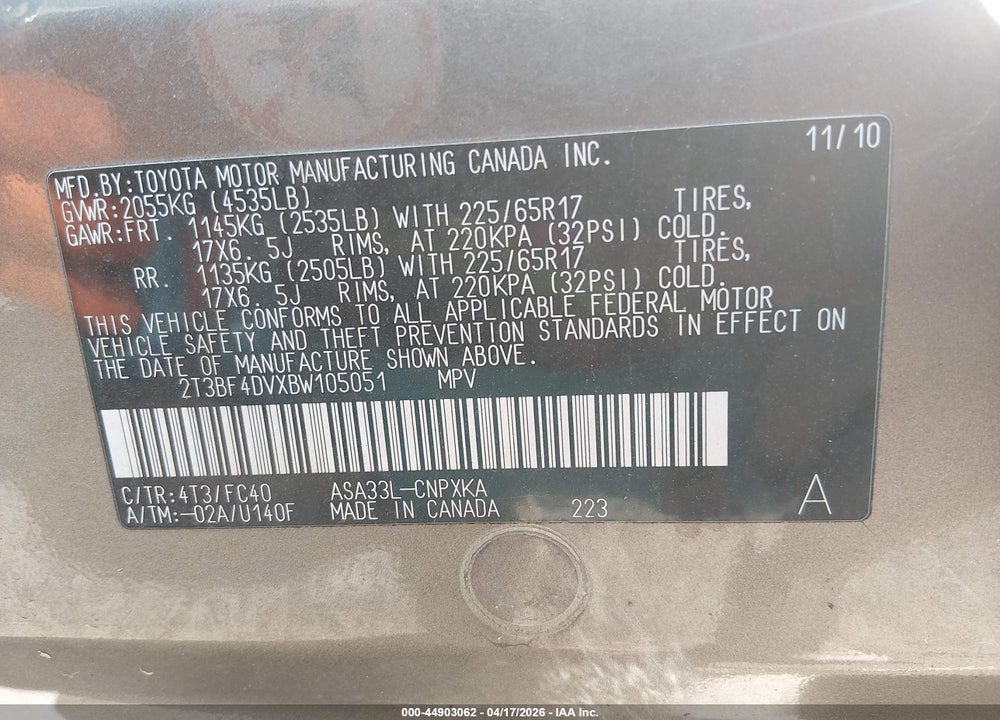 2011 TOYOTA RAV4 VIN: 2T3BF4DVXBW105051