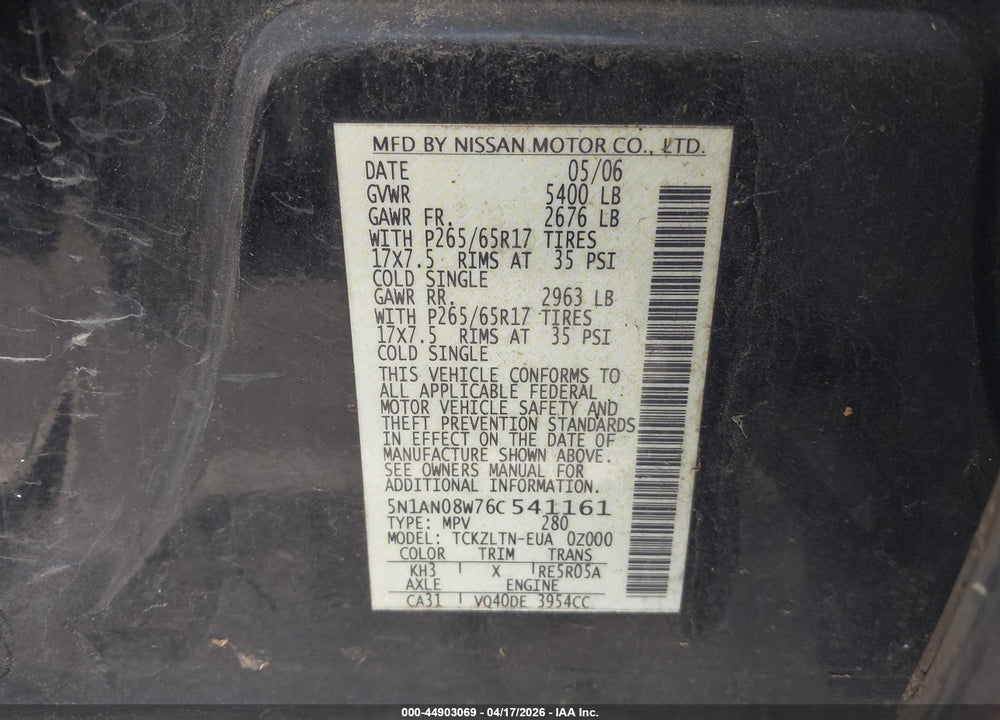 2006 NISSAN XTERRA SE VIN: 5N1AN08W76C541161