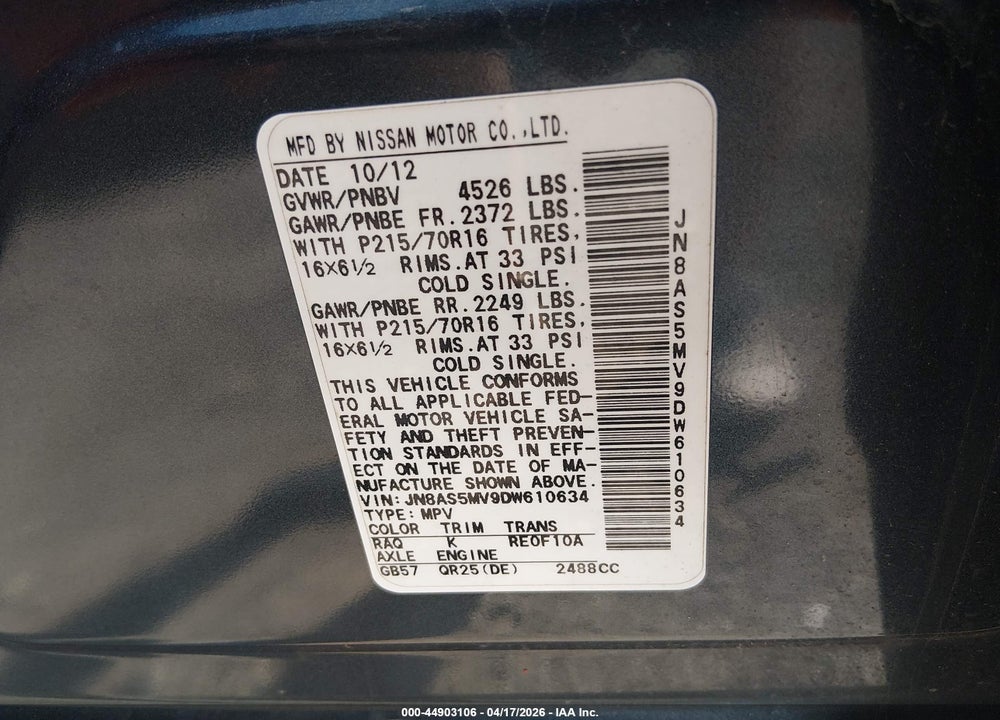2013 NISSAN ROGUE S VIN: JN8AS5MV9DW610634