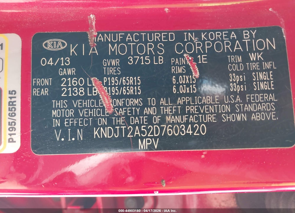 2013 KIA SOUL VIN: KNDJT2A52D7603420