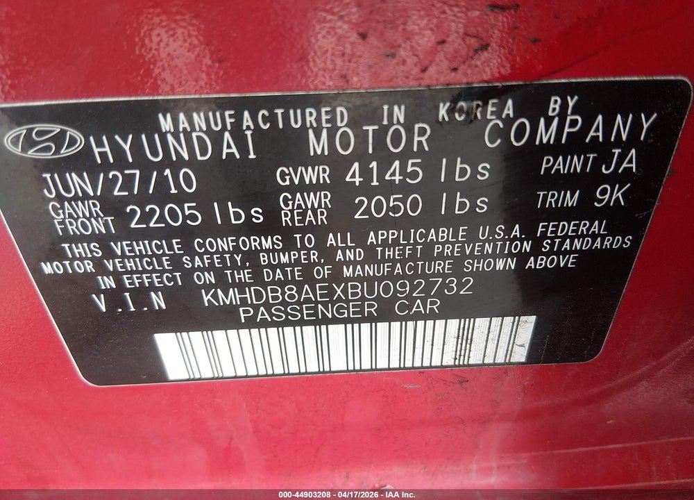 2011 HYUNDAI ELANTRA TOURING GLS VIN: KMHDB8AEXBU092732