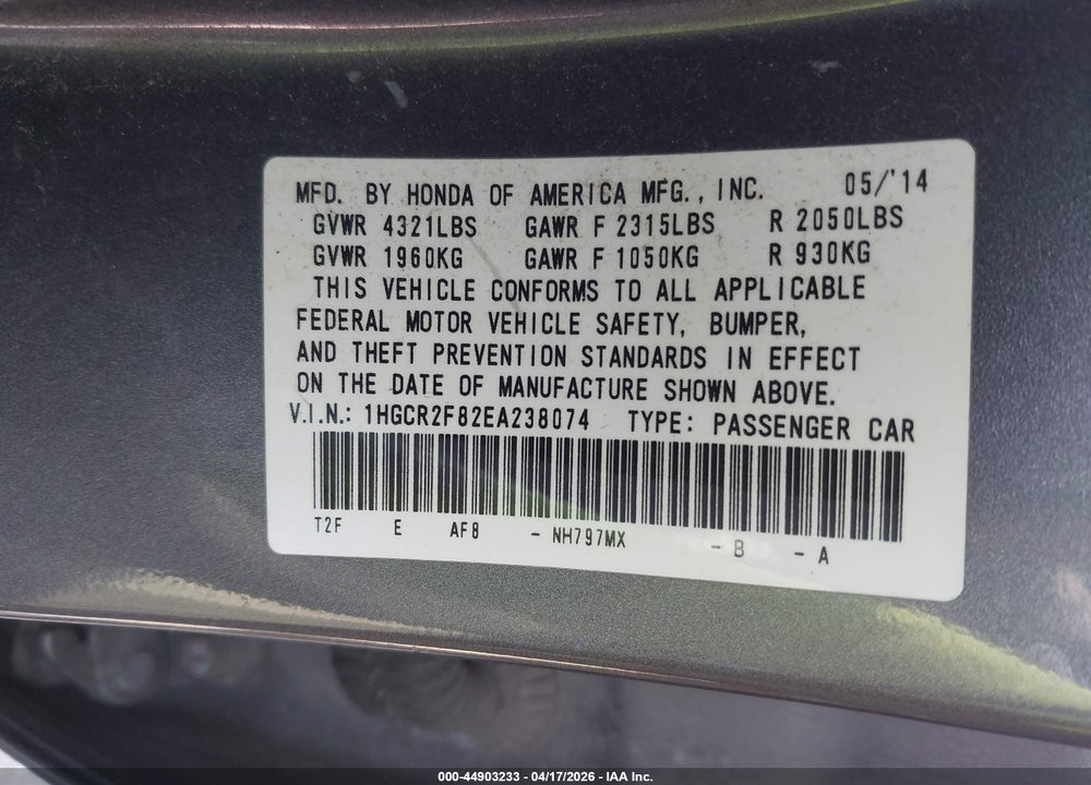 2014 HONDA ACCORD EX-L VIN: 1HGCR2F82EA238074