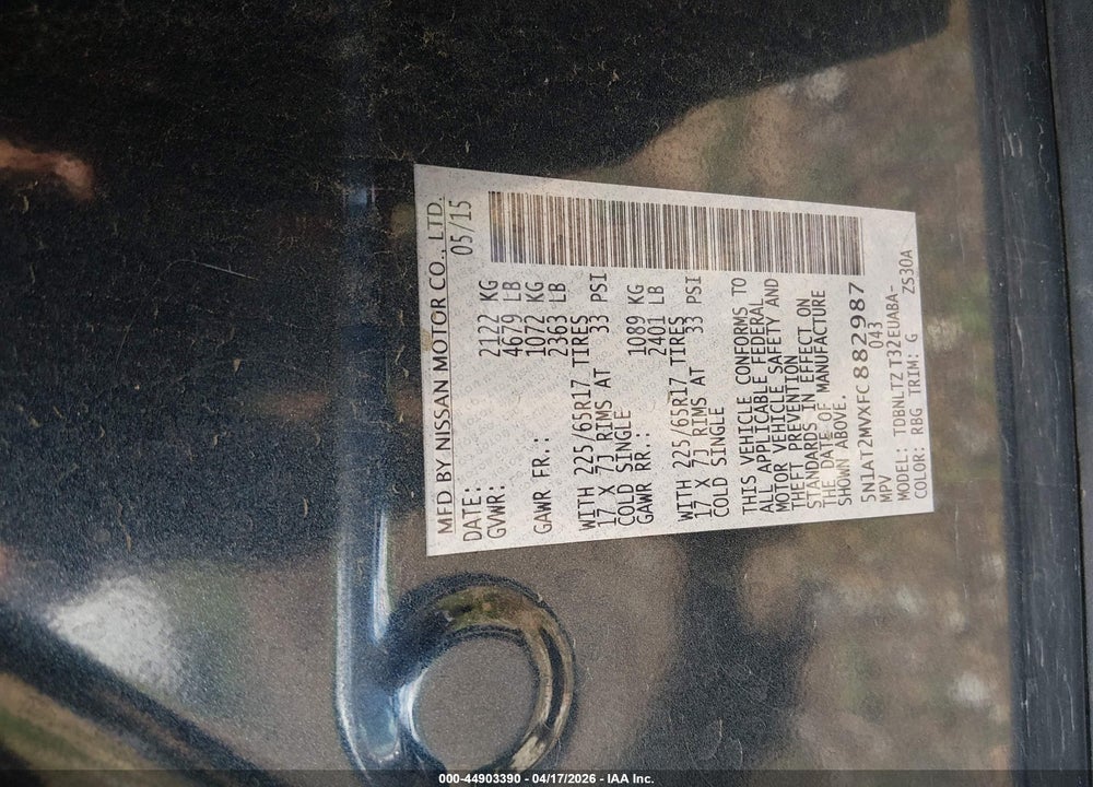 2015 NISSAN ROGUE SV VIN: 5N1AT2MVXFC882987