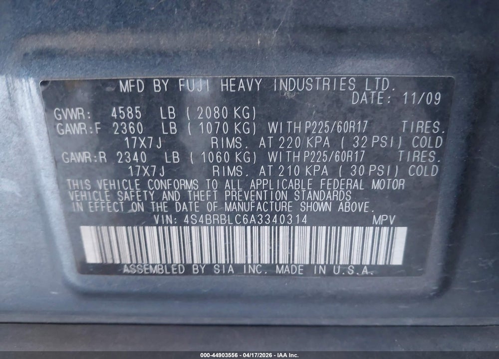 2010 SUBARU OUTBACK 2.5I LIMITED VIN: 4S4BRBLC6A3340314