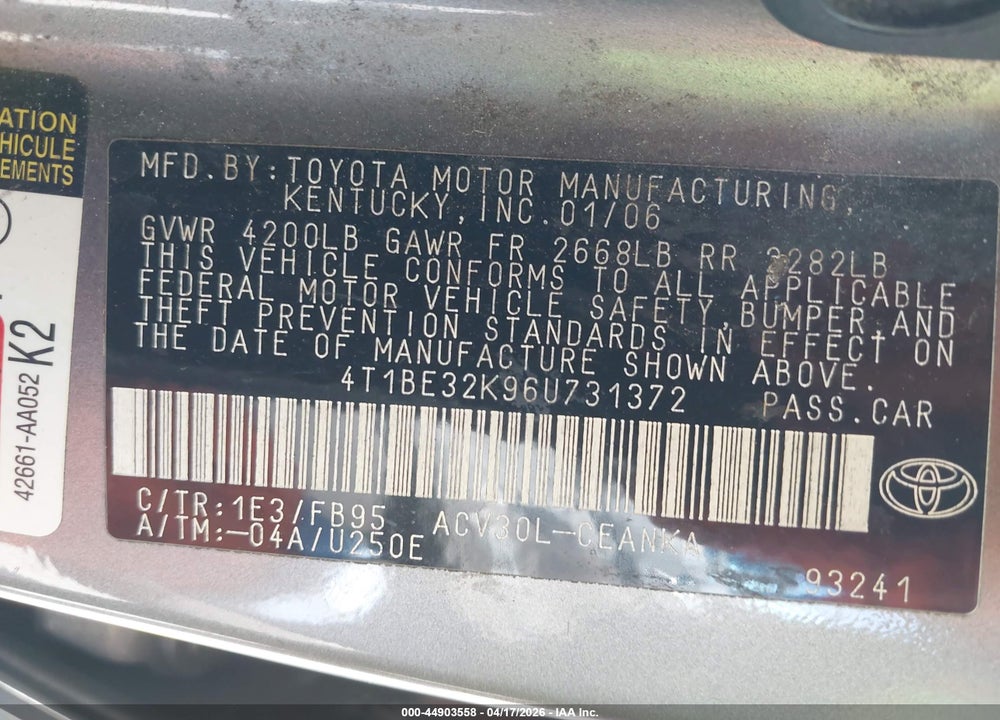 2006 TOYOTA CAMRY LE VIN: 4T1BE32K96U731372