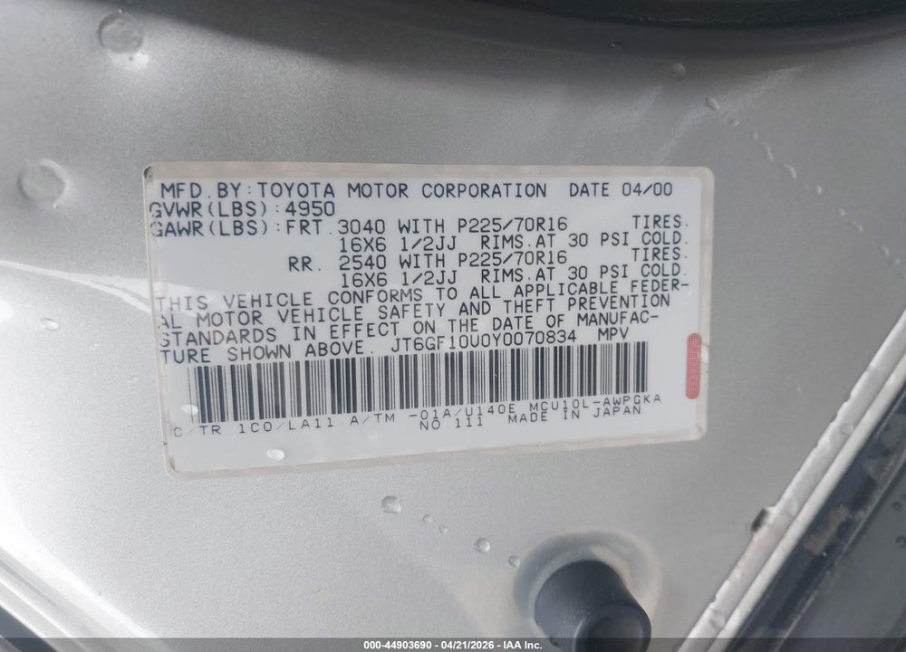 2000 LEXUS RX 300 VIN: JT6GF10U0Y0070834