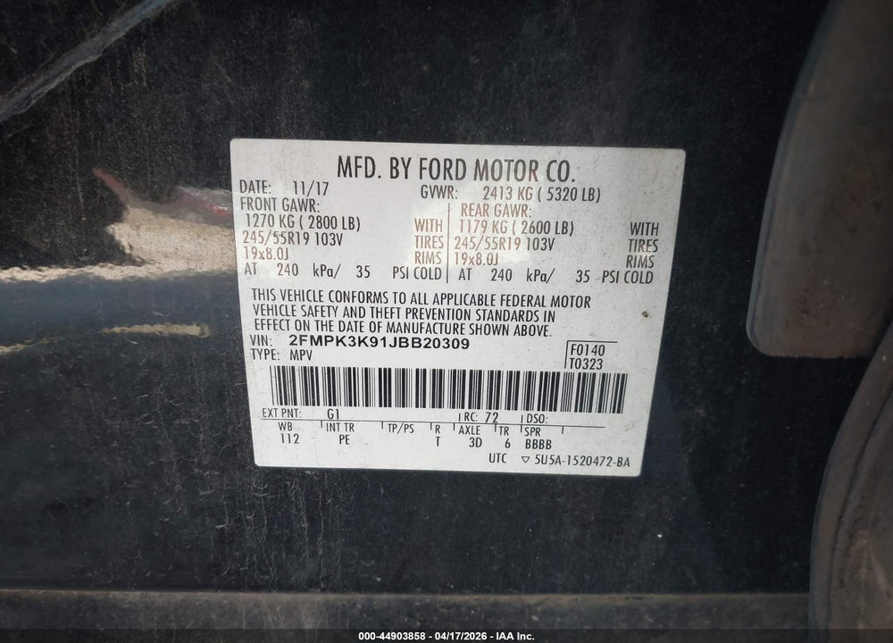 2018 FORD EDGE TITANIUM VIN: 2FMPK3K91JBB20309