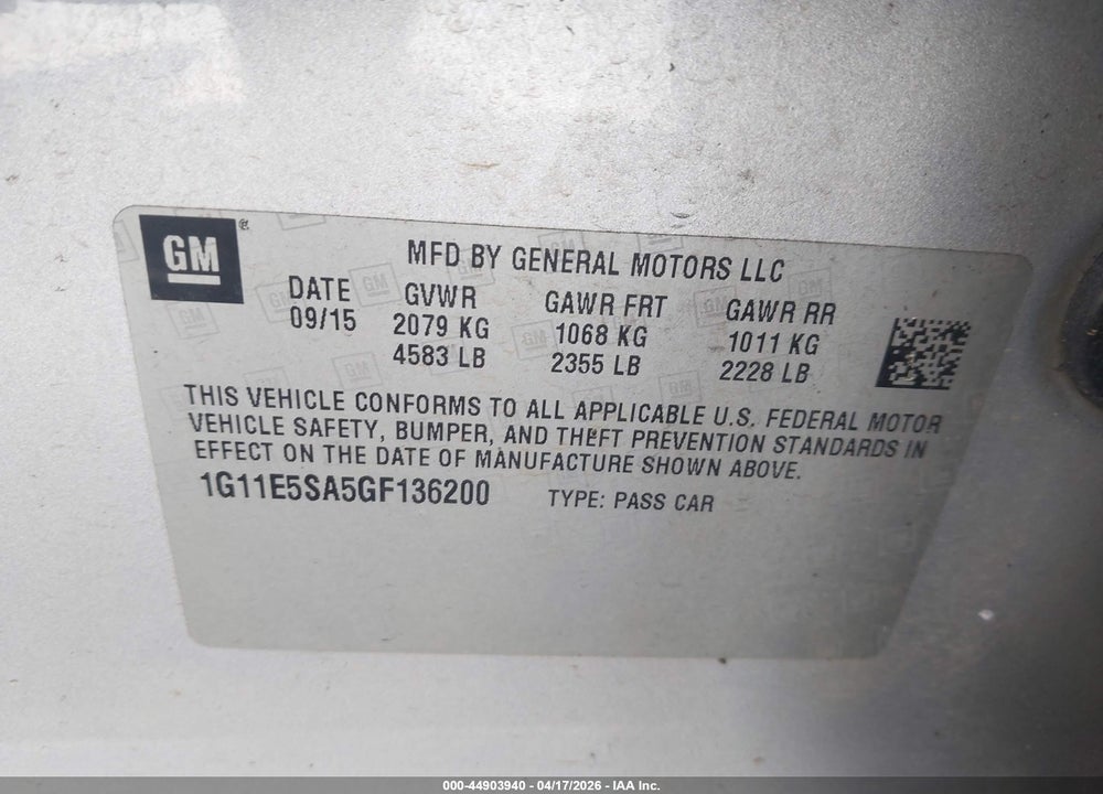 2016 CHEVROLET MALIBU LIMITED LTZ VIN: 1G11E5SA5GF136200