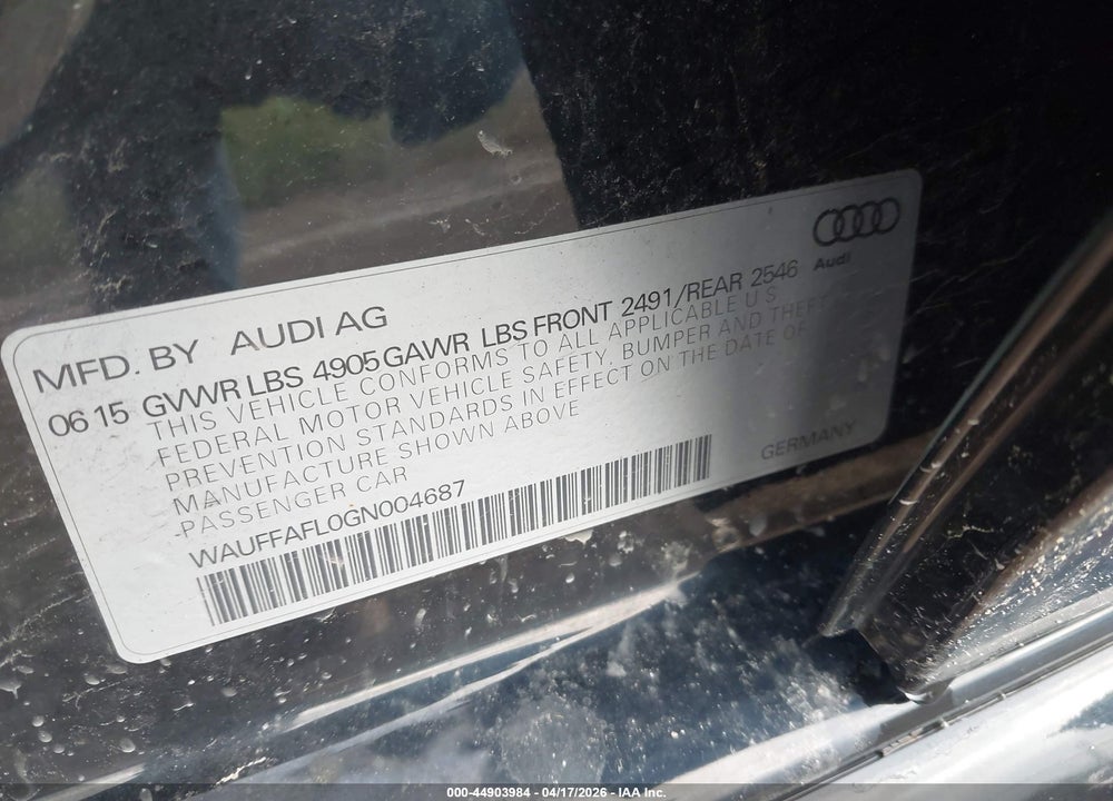 2016 AUDI A4 2.0T PREMIUM VIN: WAUFFAFL0GN004687