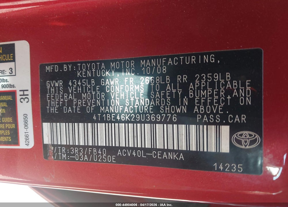 2009 TOYOTA CAMRY LE VIN: 4T1BE46K29U369776