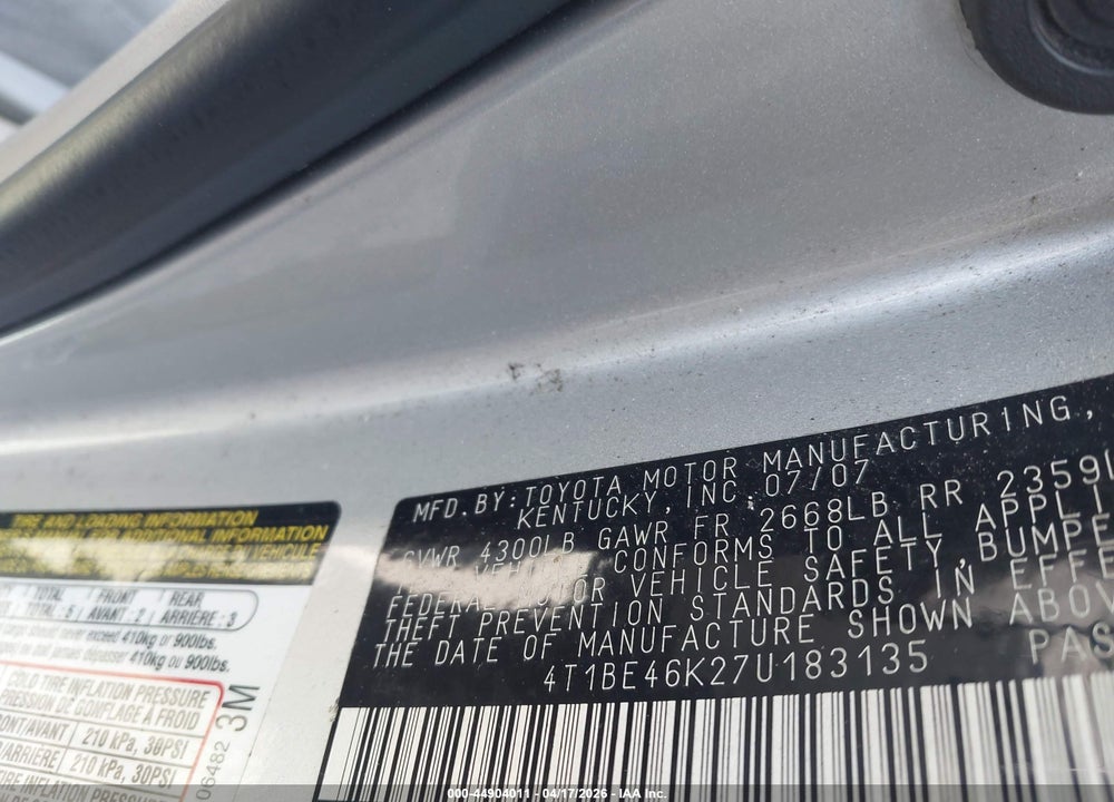 2007 TOYOTA CAMRY CE VIN: 4T1BE46K27U183135