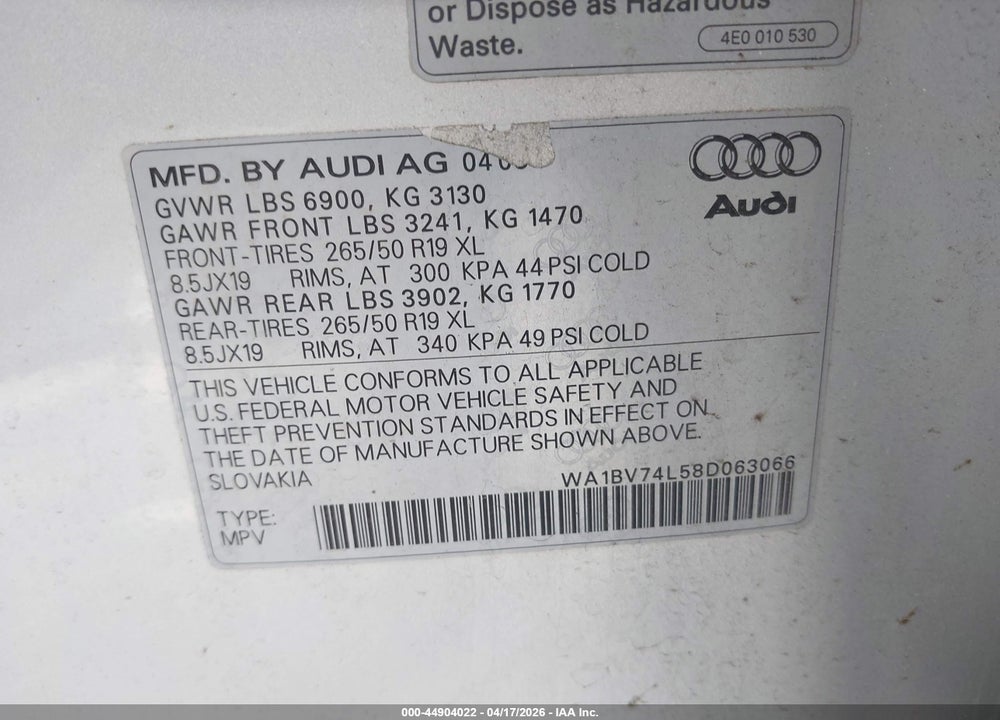 2008 AUDI Q7 4.2 PREMIUM VIN: WA1BV74L58D063066